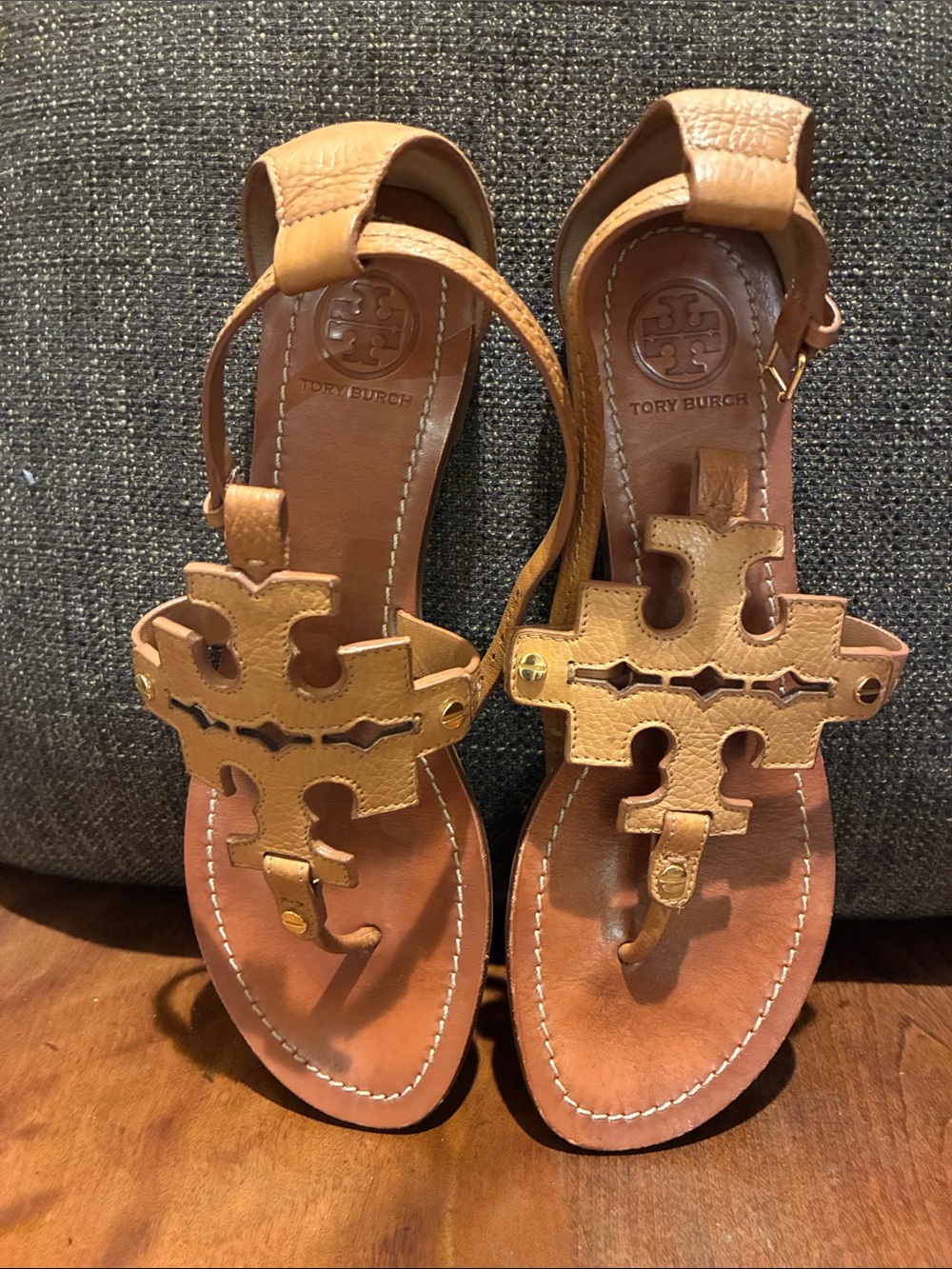 Tory Burch Tan Leather Logo Thong Sandals